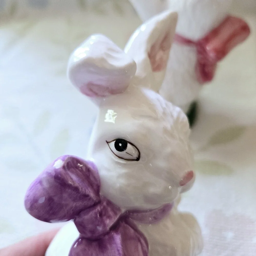 K's Collection Ceramic White Easter Bunny Rabbit Figurines Bows 6